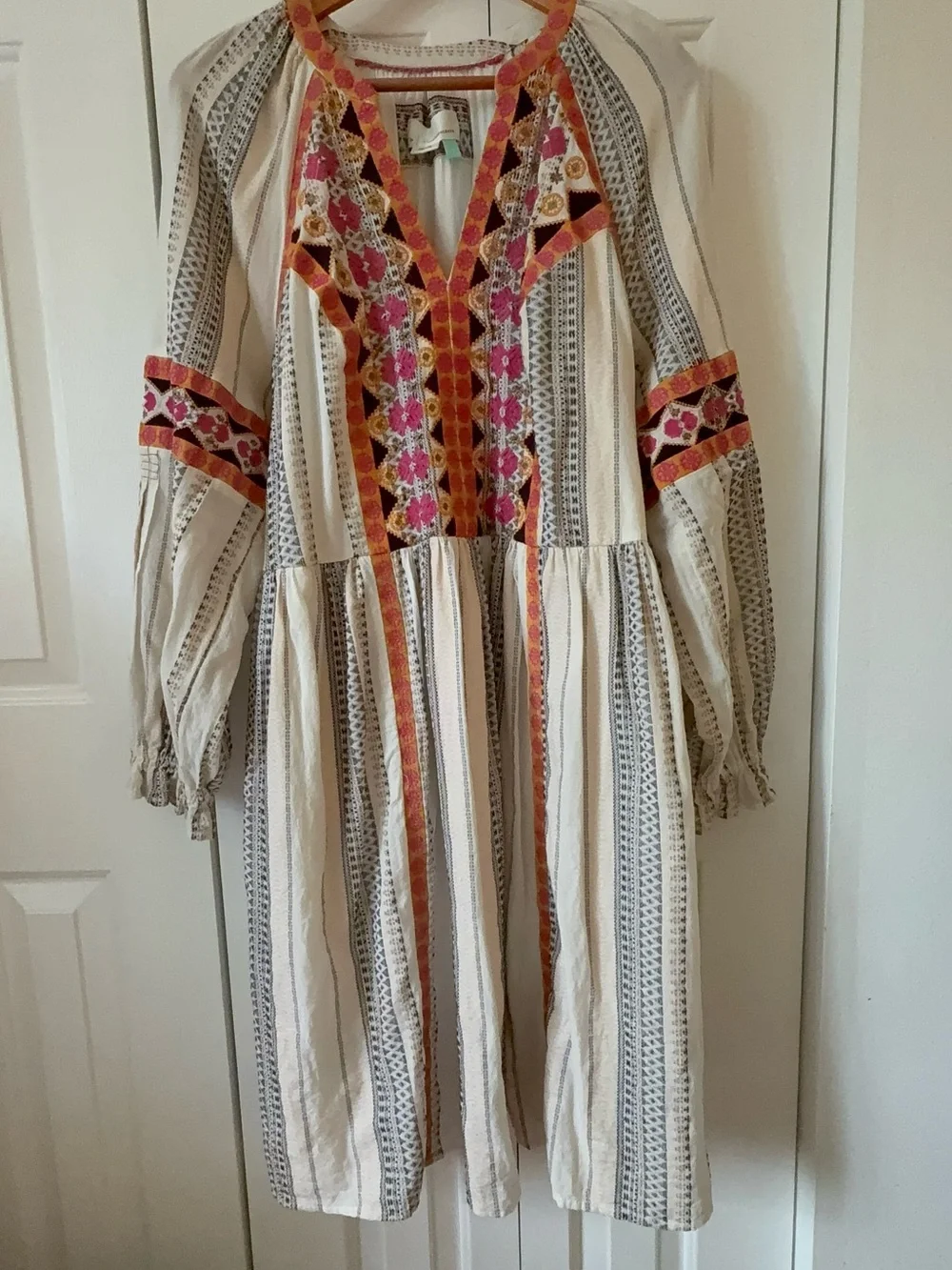 Anthropologie Cream Midi Dress with Pink & Orange Embroidery - Picture 2 of 13